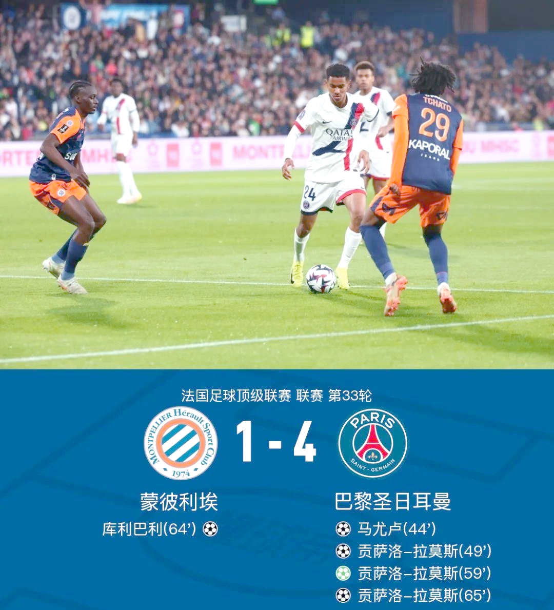 巴黎圣日耳曼客场击败蒙彼利埃，继续领跑积分榜的简单介绍